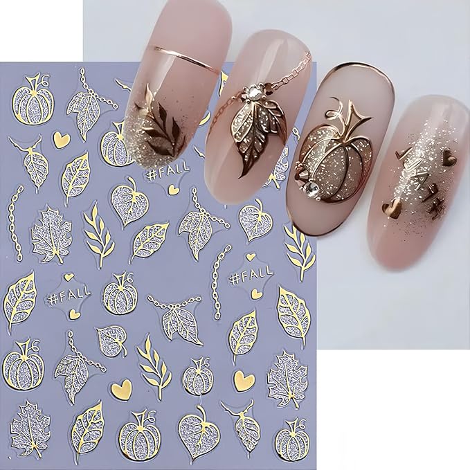 5Pcs Fall Nail Art Stickers Gold Sliver Pumpkin Maple Leaf Nails Decals 3D Self Adhesive Glitter Ghost Spider Web Spider Design Halloween Nail Stickers Holiday Nails Supplies for Women Salon Manicure