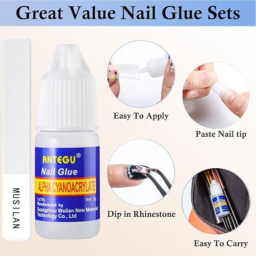 Nail Glue,Nail Glue for Acrylic Nail Tip 12 Bottles Professional False Nail Glue Extension Tips for Broken Adhesive Super for Press on Adhesive with Glass Files