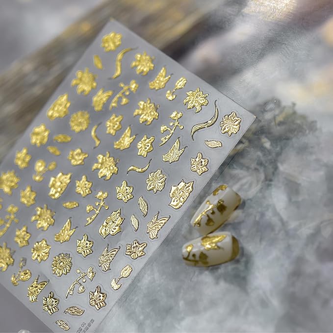 1 Sheets 5D Embossed Fall Nail Stickers for Nail Art Self-Adhesive Gold Flower Nail Art Stickers Gold Butterfly Autumn Leaves Nail Decals Floral Nail Design Sticker for Women Nails Decoration