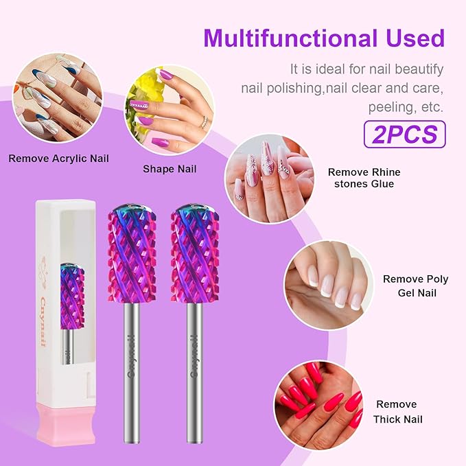 3/32" 2PCS Large Barrel Smooth Round Top Tungsten Carbide Nail Drill Bit Safety Bit for Gel & Acrylic Removal, 2-Way Rotating Efile Tip, Salon Electric File Accessory (4XC Grit, Purple)