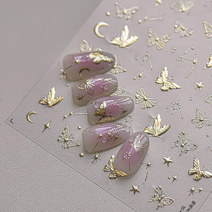 1 Sheets Golden Hot Stamping Butterflies Nail Art Stickers, 5D Self-Adhesive with Stars and Moon Nail Decals for Women, Gold Butterfly Design Spring Nail Stickers for DIY Nail Supplies Decoration