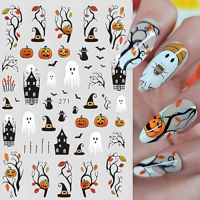 Halloween Nail Art Stickers, Spider Web Nail Art Decals 3D Self-Adhesive with Pumpkin Cute Ghost Cat Bat Flower Tree Nail Design 8Pcs Halloween Nail Art Supplies for Women Nail Decoration