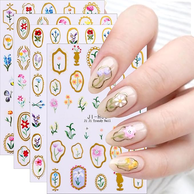 Colorful Flowers Nail Art Stickers 3D Self-Adhesive Cute Flower Nail Decals with Gold Edge Designs Nail Stickers Photo Frame Floral Leaf Nail decal Butterfly Bee Nail Sticker for Women DIY Nails Decor