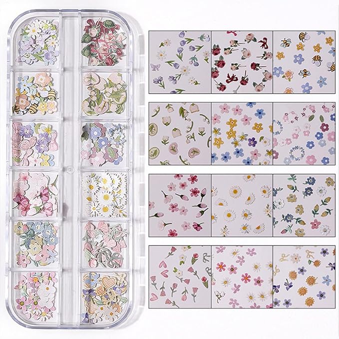 300Pcs 3D Flower Nail Art Charms Sequins Decals Colorful Mixed Flowers Leaves Butterfly Design Slice Nail Flowers Ultra Wood Pulp Flakes Sequins