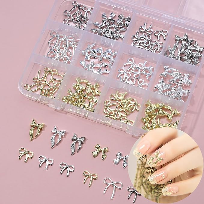 96Pcs/Box 3D Metal Bow Nail Art Charm Gold/Silver Alloy Bows Nail Charm for Nails Art 3D Alloy Bow Tie Jewelry Nail Rhinestone Kawaii Nail Crafts Decor DIY Accessories Manicure Designs Supplies