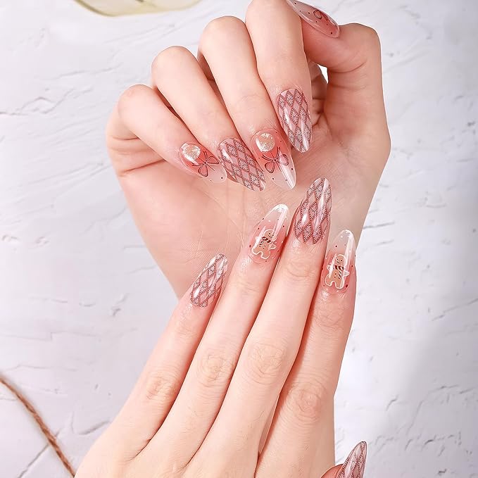 Christmas Semi Cured Gel Nail Strips, 16 Pcs Winter Xmas Gel Nail Stickers Gingerbread Man Bell Snowflake Designs Wraps for UV/Led Manicure Lamp Nails Art Decorations