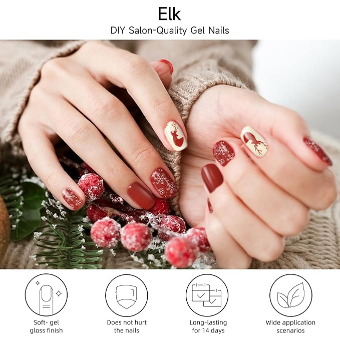 Christmas Semi Cured Gel Nail Strips, Elk | 28 pcs Gel Nail Strips Work with Any UV Lamp, Salon Quality UV Nails Stickers, Easy to Apply for Home Nails DIY