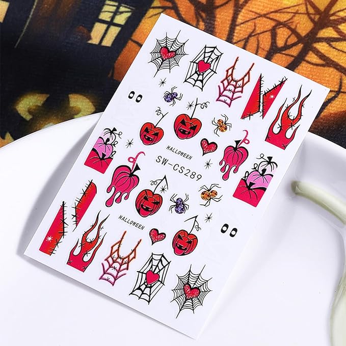 Halloween Nail Art Stickers 3D Self-Adhesive Nail Decals Nail Art Supplies 8PCS Pink French Flame Pumpkin Spider Web Ghost Eyeball Halloween Nails Adhesive Sliders for Women DIY Manicure Decorations