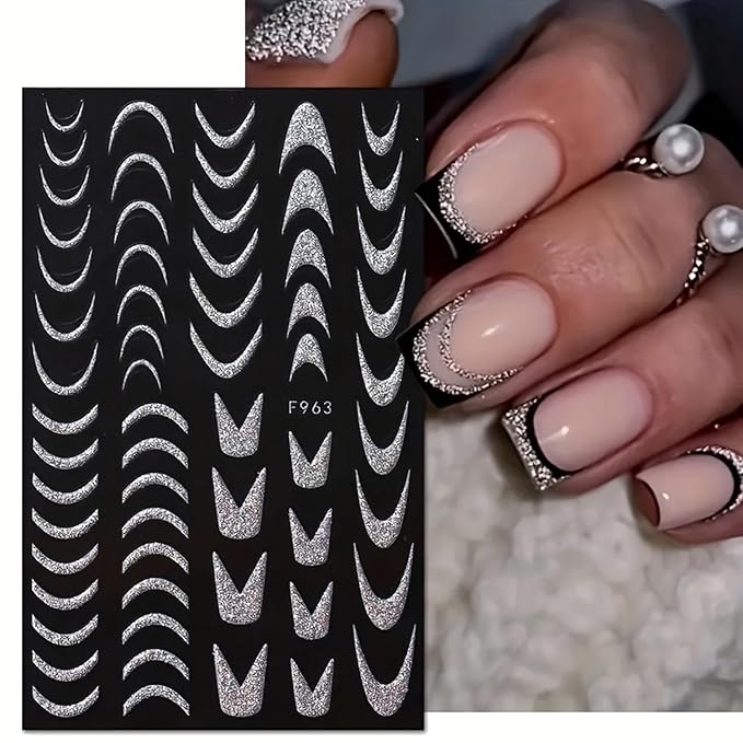 6 Sheets 3D Self-Adhesive French Tip Nail Art Stickers Decals Silver Glitter Nail Stickers Sparkly Nail Decorations Decals Curved Lines Nails Art Designs for Women DIY Nail Art Accessories