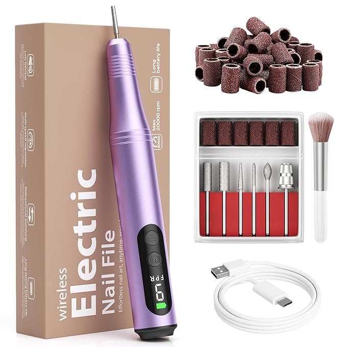 Cordless Electric Nail Drill File Kit Professional Portable Electric Nail File Set Machine for Acrylic Gel Nails,Toenail Hand Feet Care,9 Speed with LED Display Ideal Gift for Men and Women-Purple