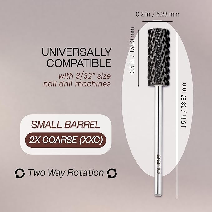 USA PANA Professional 3/32" Shank Size - Flat Top Small Barrel Carbide Bit - 5X Coarse Grit to Extra Fine Grit - Gold, Silver, DLC Black - Nail Drill Bit for Dremel Machine (2X Coarse, DLC Black)