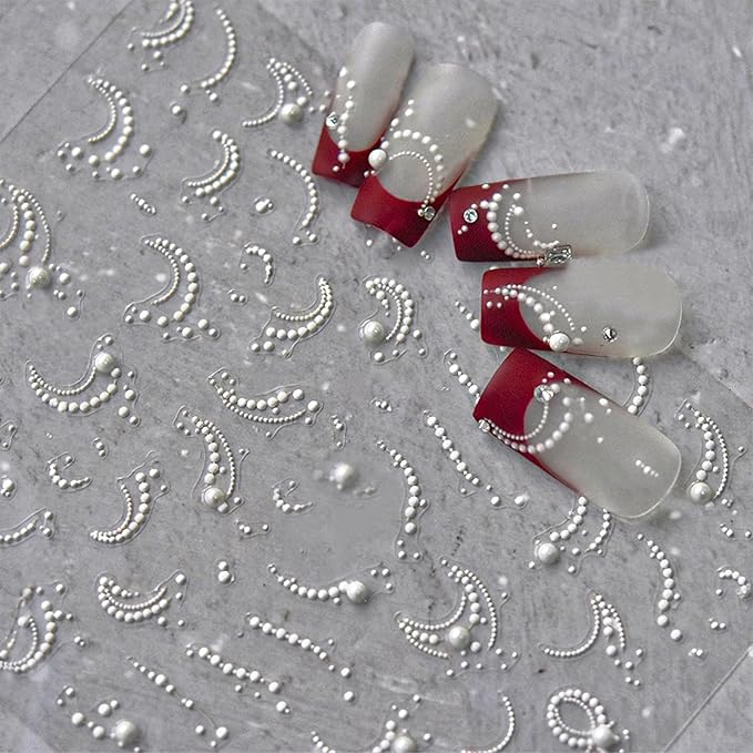 White French Tip Pearl Line Nail Art Stickers 5D Embossed Romantic French Tip Nail Decals for Women Girls Valentine's Nail Art Decoration