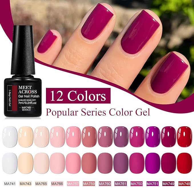 MEET ACROSS 1 Step Gel Nail Polish Set 12 Colors Gel Polish Kit Beige Pink Purple Red Soak Off UV/LED Nail Polish for Home DIY & Birthday Gifts