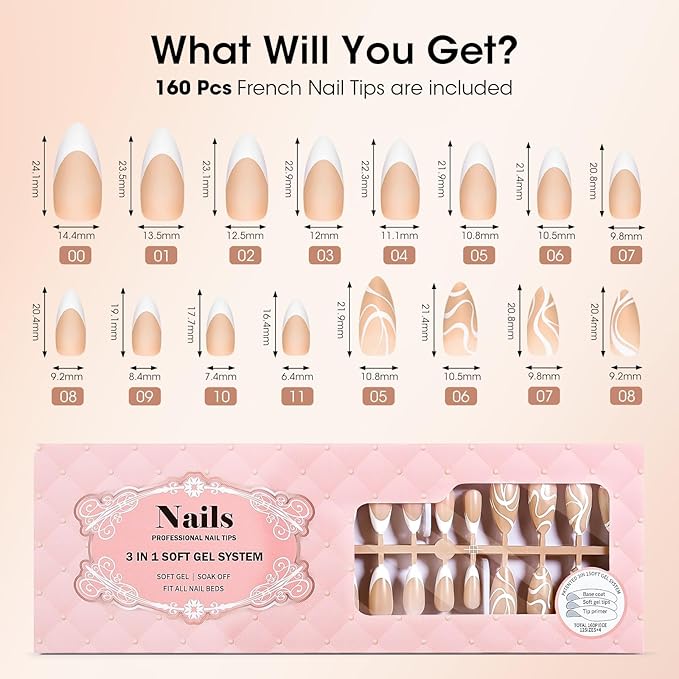 Gellen French Tip Press on Nails, 160 Pcs Soft Almond French Gel Nails with White Swirl Design, Classic Nude French Tip Nails