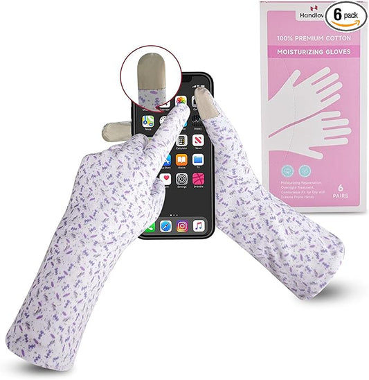 HandLove Premium 100% Cotton Gloves | Moisturizing Gloves for Dry Hands & Eczema | Overnight Sleeping Gloves, Eczema Gloves | Touchscreen | Extended Wrist White Gloves with Lavender Speckles, 6 Pairs