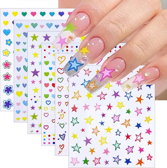6 Sheets Sparkling Colorful Five-Pointed Star Nail Art Stickers 3D Self-Adhesive Heart Nail Sticker Colorful Summer Flower Design Nail Decals Supplies for Women Girls DIY Manicure Decoration