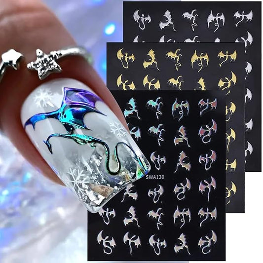 Halloween Nail Stickers 3D Metallic Dragon Nail Art Stickers 6PCS Laser Silver Gold Bronzing Fly Devil Bat Halloween Theme Design Self-Adhesive Nail Decals Accessories for Holiday Nail Art Decorations