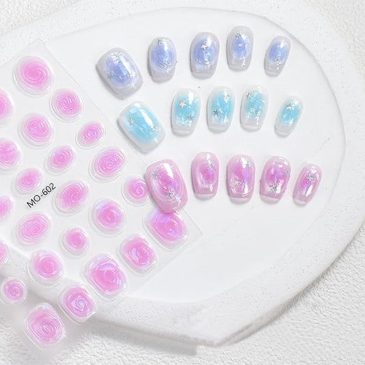 Laser Swirl Nail Art Stickers Decals Pink Blue Purple Nails Stickers Cute 5D Embossed Nails Decal Self-Adhesive Nail Art Decal for Women Manicure Decor