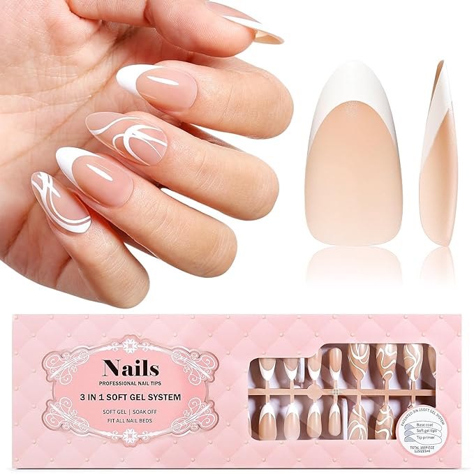 Gellen French Tip Press on Nails, 160 Pcs Soft Almond French Gel Nails with White Swirl Design, Classic Nude French Tip Nails