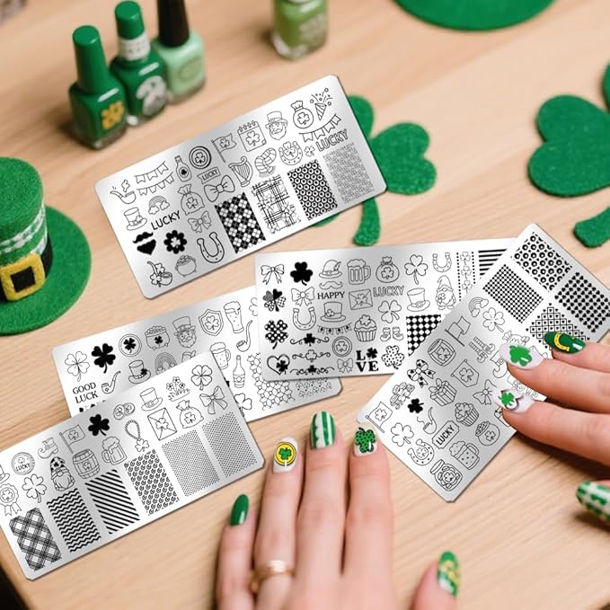 PH PandaHall 5pcs St. Patrick's Nail Stamping Plate Lucky Shamrock Nails Art Templates Rainbow Gnome Nails Image Stamp Clover Hat Nails Art Stencils for DIY Print Manicures Salon Design Decoation