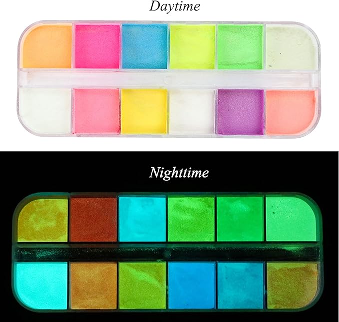 12 Colors Luminous Pigment Nail Powder Holographic Night Fluorescent Pigments Dust Nail Art Design Glow Nail Powders Gradient Iridescent Nail Glitters Supplies for Nail Art Gel Polish Dipping Powder