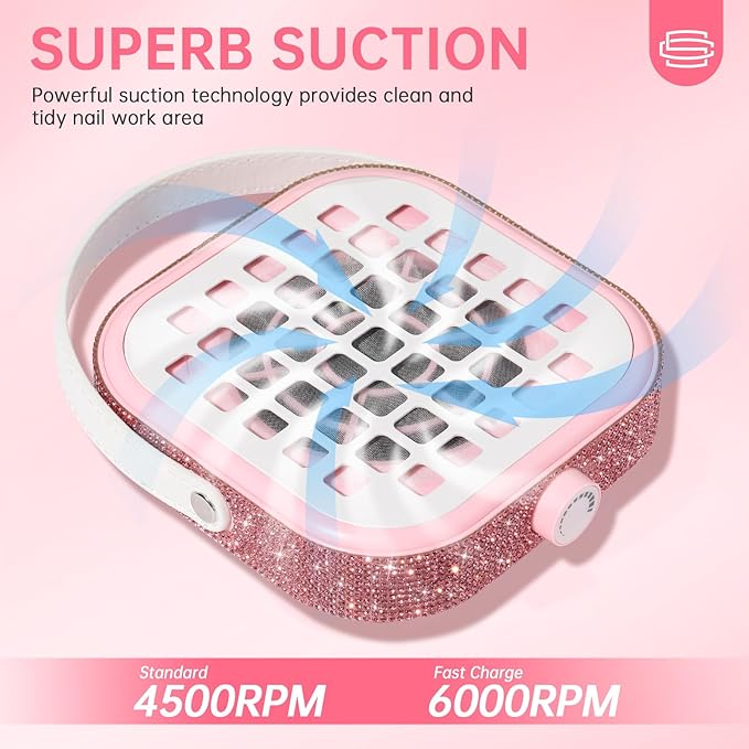 Nail Dust Collector, Bling Crystal Diamond Compact 6000RPM Powerful Vacuum Fan Vent Dust Collector Extractor Dust Suction Machine for Acrylic Nails Polishing, Fast Charging