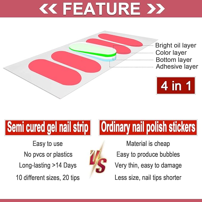 WOKOTO 20 Pcs Gradient Semi Cured Gel Nail Strips With Nail File & Wooden Stick Semicured Nail Polish Strips For Women Girls Gel Nail Wraps Uv Light Gel Nail Stickers Stick On Nails Gel Stickers