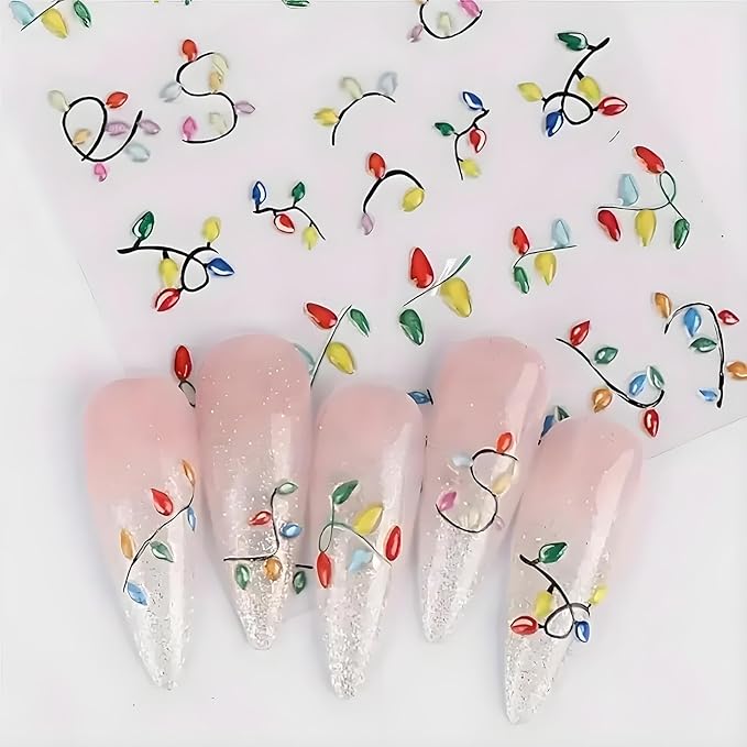 2Pcs Christmas Nail Art Stickers Decals 5D Embossed Christmas Nail Decals Colorful Light String Nail Stickers Xmas Lanterns Nail Supplies New Year Winter Nails Supplies for Women Manicure Tip Decor