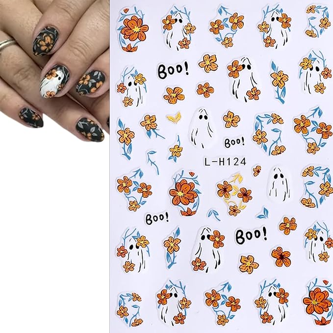 6 Pcs Halloween Nail Art Stickers Funny Ghost Nail Stickers Flower Bat and Spider Web Design Nail Decals Cute Pumpkin Nail Sticker Decorations for Women Manicure