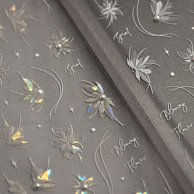 1 Sheet Shell Light Flower Nail Sticker with Rhinestone Design, White Line Nail Decals, 5D Embossed Self-Adhesive Nail Design Stickers for Women Daily DIY Manicure Decoration Supplies