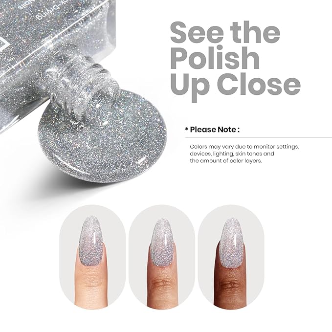 Beetles Glitter Nail Polish, 1Pcs 15ml Quick Dry Holographic Nail Polish, shimmering silver Nail Lacquer Art Effect for Nail Salon DIY at Home, Nail Art Design for Women