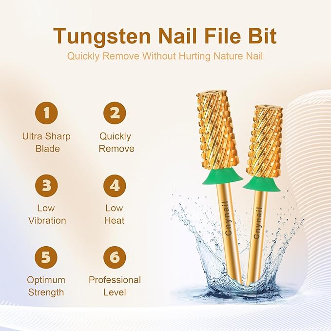 3/32" Large Tapered Barrel Flat Bit Tungsten Carbide Nail Drill Bit Safety Bit for Gel & Acrylic Removal, 2- Way Rotating Efile Tip, Salon Electric File Accessory (C Girt, Gold)