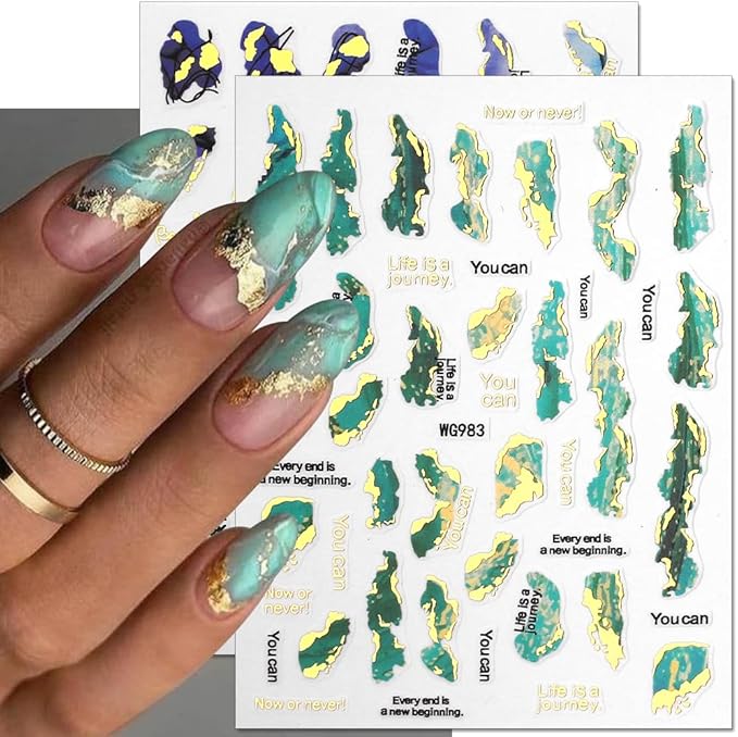 3D Marble Nail Stickers - 6 Color Marble Decals, Blooming Nail Art, Bronzing & Watercolor Smudge Resistant, Self-Adhesive Gold Foil Designs
