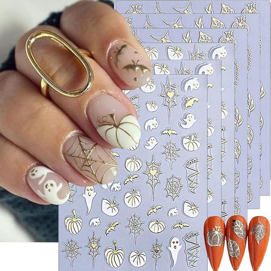 Halloween Nail Stickers 3D Spider Web Pumpkin Nail Artl Stickers Fall Thanksgiving Maple Leaves Nail Decals Self Adhesive Cobweb Design Sticker Holiday Nail Art Decoration for Women Accessories