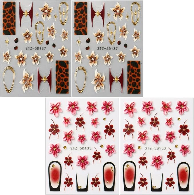 Fall Nail Stickers Flowers Nail Decals 5D Self-Adhesive Embossed Flower French Tip Design Nail Art Sticker Autumn Holiday Manicure DIY Acrylic Decoration for Women Party Nails