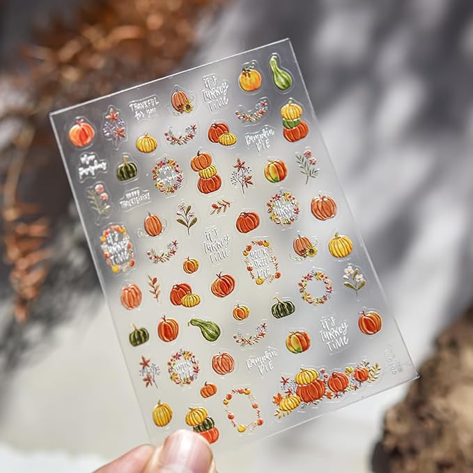 1 Sheets Embossed Pumpkin Nail Decals for Nail Art Thanksgiving Day Fall Nail Stickers 5D Self-Adhesive Autumn Leaf Nail Art Stickers Cute Pumpkins Nail Decal for Women DIY Manicure Decor