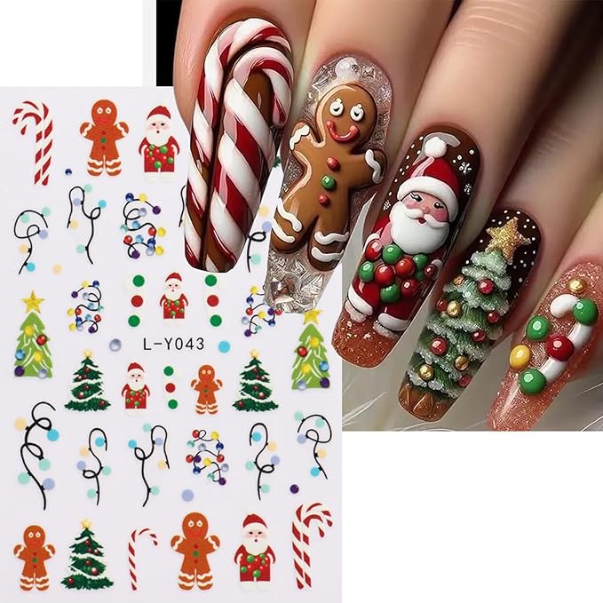 6PCS Christmas Nail Art Stickers Decals Gnome Santa Claus Nail Decals 3D Self-Adhesive Luminous Nail Stickers Christmas Tree Holly Light String Nails Designs Xmas Nails Supplies for Women Manicure