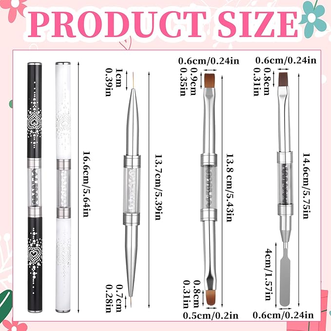 3Pcs Hard Gel Nail Brushes, Dual-Ended French Tip Nail Gels Liner Brush Rhinestone Handle Nails Brush, Builder Gel Liner Brushes for Professional Nails Art French Manicure Design