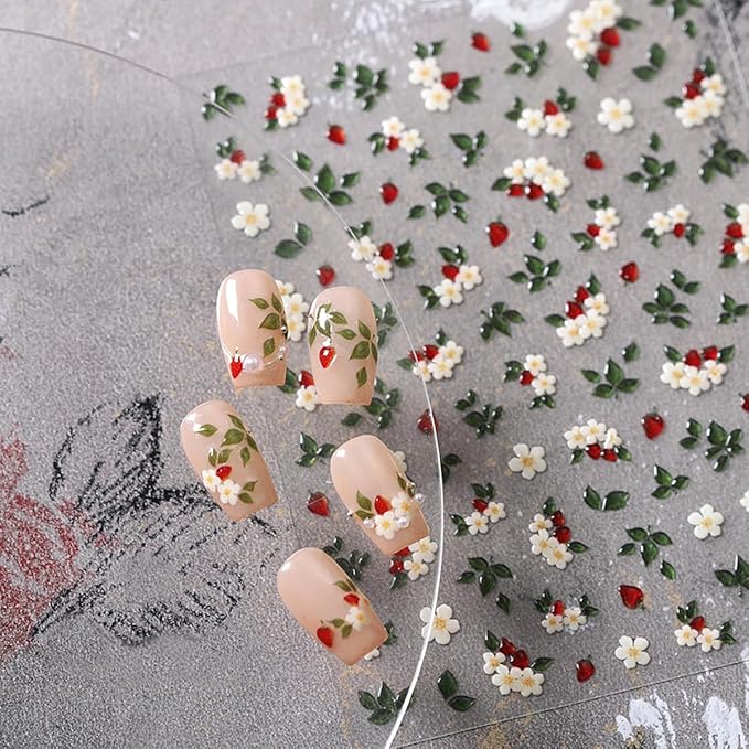 1 Sheets White Flower Nail Stickers for Nail Art Spring Flowers Nail Art Stickers 5d Embossed Floral Nail Decals Self-Adhesive Green Leaf Nail Designs Supplies for Women Girls Manicure Decor