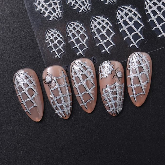 Spider Web Nail Art Stickers 3D Self-Adhesive Halloween Nail Decals 6PCS Glitter Sliver Spider Web Halloween Nails Design Manicure Supply Transfer Sliders for Women Holiday DIY Nail Art Decorations