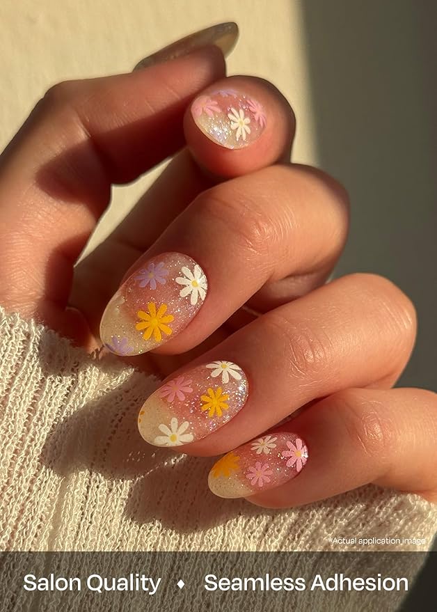 ohora Semi Cured Gel Nail Strips (N Daisy Disco) - Rainbow, Works with Any UV/LED Lamps, Salon-Quality, Long Lasting, Easy to Apply & Remove - Includes 2 Prep Pads, Nail File & Wooden Stick