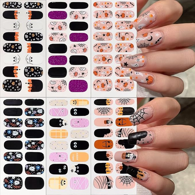 6 Sheets Halloween Nail Art Stickers Cute Cat Ghost Full Nail Wraps Stickers 3D Self-Adhesive Pumpkin Bat Spider Mummy Nails Polish Sticker Shiny Spider Web Gel Nails Strips Decals for Women