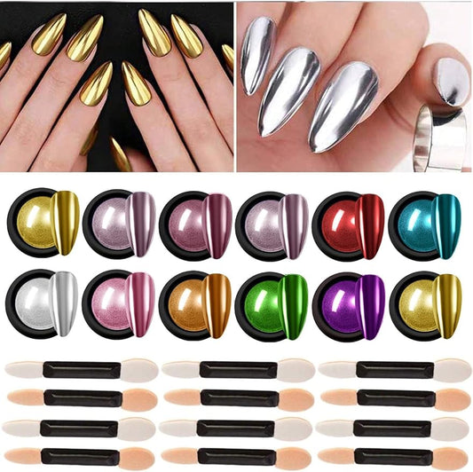 Nail Chrome Powder - 12 Colors Aurora Nail Powder Mirror Luster Effect Charm for Gel & Acrylic Nails