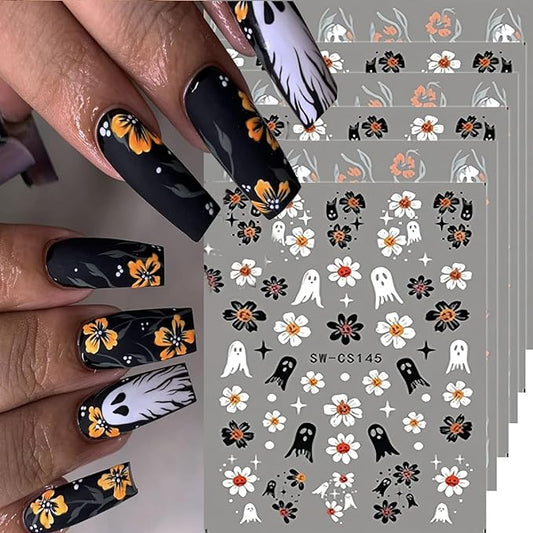 Halloween Nail Stickers Ghost Nail Decals DIY Self Adhesive Orange Black Floral Nail Design Cute Nail Decoration Supplies Holiday Manicure Accessories for Women Girls 6Pcs