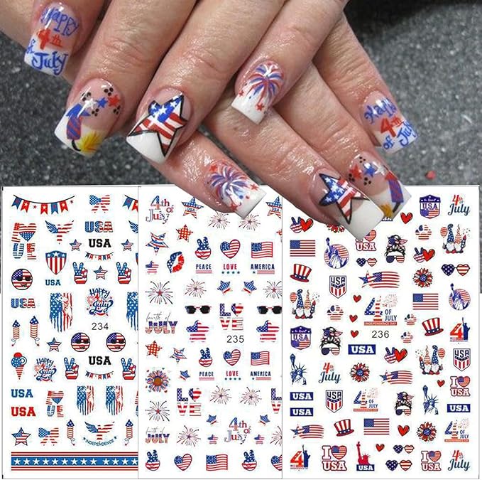 6Pcs/Celebrate 4th of July Nail Stickers for Nail Art Set - Independence Day Fireworks USA America UK Flags Adhesive Nail Art Sticker Decals DIY Patriotic Manicure Sliders Decorations Supplies