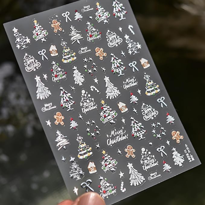 Christmas Nail Sticker for Nail Art 5D Self-Adhesive Silver Nail Stickers Winter Nail Decals Xmas Tree Gingerbread Man Nails Design Decoration Accessories for Women and Girls