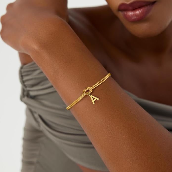 Stocking Stuffers for Teen Girls - 18K Gold Plated Love Knot Initial Bracelets for Women Friends Bridesmaid Gifts Dainty Gold Bracelets Birthday Christmas Gifts for Teens Women