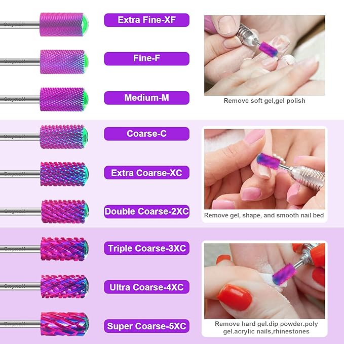 3/32" 2PCS Large Barrel Smooth Round Top Tungsten Carbide Nail Drill Bit Safety Bit for Gel & Acrylic Removal, 2-Way Rotating Efile Tip, Salon Electric File Accessory (4XC Grit, Purple)