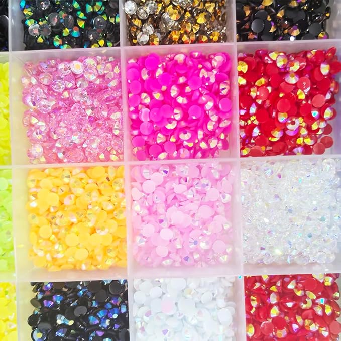 12000Pcs Nail Art Rhinestones, BetterJonny 24 Colors 4mm Round Nail Flatback Rainbow Gems Set with Tweezers and Pencil AB Glitter Flat-Bottomed Rhinestone for Crafts Decoration and Jewelry Making
