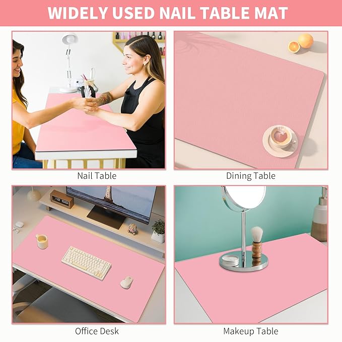 Double-sided Nail Table Mat for Nail tech - Soft Microfiber PU Leather Nail Desk Mat - Foldable Nail Art Table Mat Acetone Resistant for Nails Salon Home (Pink & White) (Mat Only)